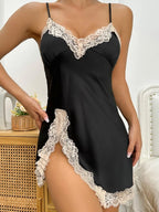 Chemise de nuit sexy en soie glacée avec bretelles et coutures en dentelle pour femme